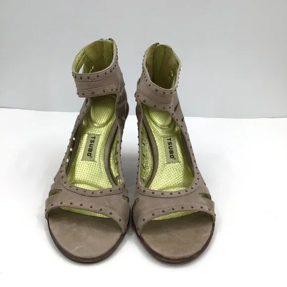 GLAM Size 9 Tsubo Sandals Heels Pumps Open Toe Strappy Taupe Gold Lined Ankle - Picture 9 of 13